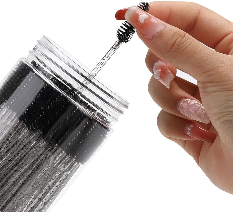 Tbestmax 100 Pcs Disposable Mascara Wands, Crystal Eyebrow Spoolies Brush for Eyelash Extensions, Black Lash Brushes with Container - Image 4