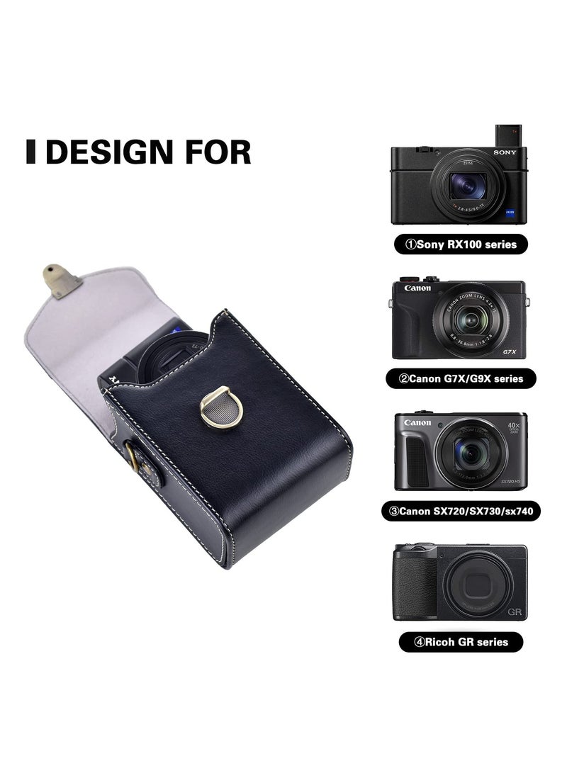 Camera Case for Sony RX100 & HX Series - Retro Leather Case for Ricoh GR IIIx/Ricoh GR III II/Canon G7X II/G7X III/SX720/SX730/SX740/G9X/G9X II (Black)  - Image 2