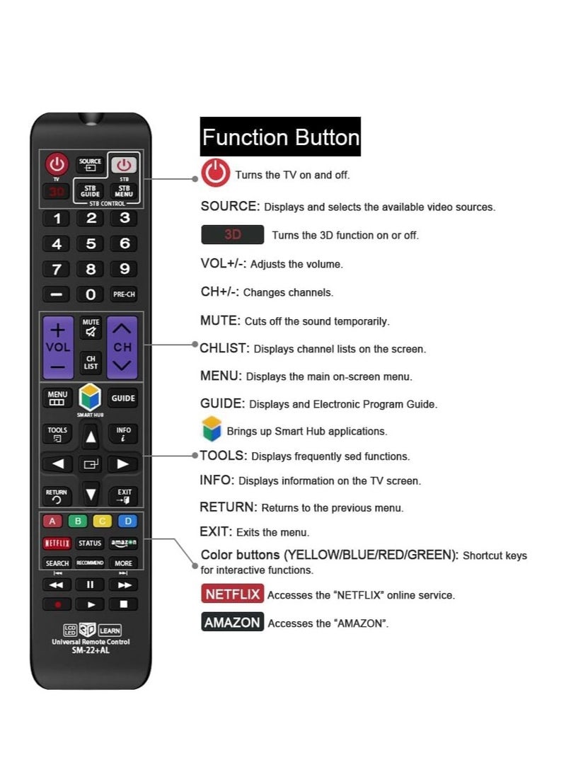Universal Remote Control Compatible Replacement for Samsung TV/ 3D/ LCD/LED/HDTV/Smart TV, AA59-00666A BN59-01178W BN59-01199F AA59-00638A AA59-00637A AA59-00594A AA59-00600A - Image 3