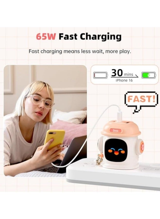 ديفوم شاحن Divoom Dipow 65 واط بمنفذ USB-C ثلاثي المنافذ بسرعة عالية باستخدام تقنية GaN مع شاشة عرض بكسل مخصصة قابلة للتخصيص، ومحول جداري مطوي صغير لشحن آيفون 16/15، ماك بوك، آيباد، جالاكسي S23/S24، سويتش (بسلك 100 واط) (وردي) - Image 2