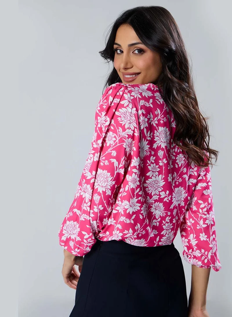 Zigzag Vneck Printed Long Sleeve Pink Top