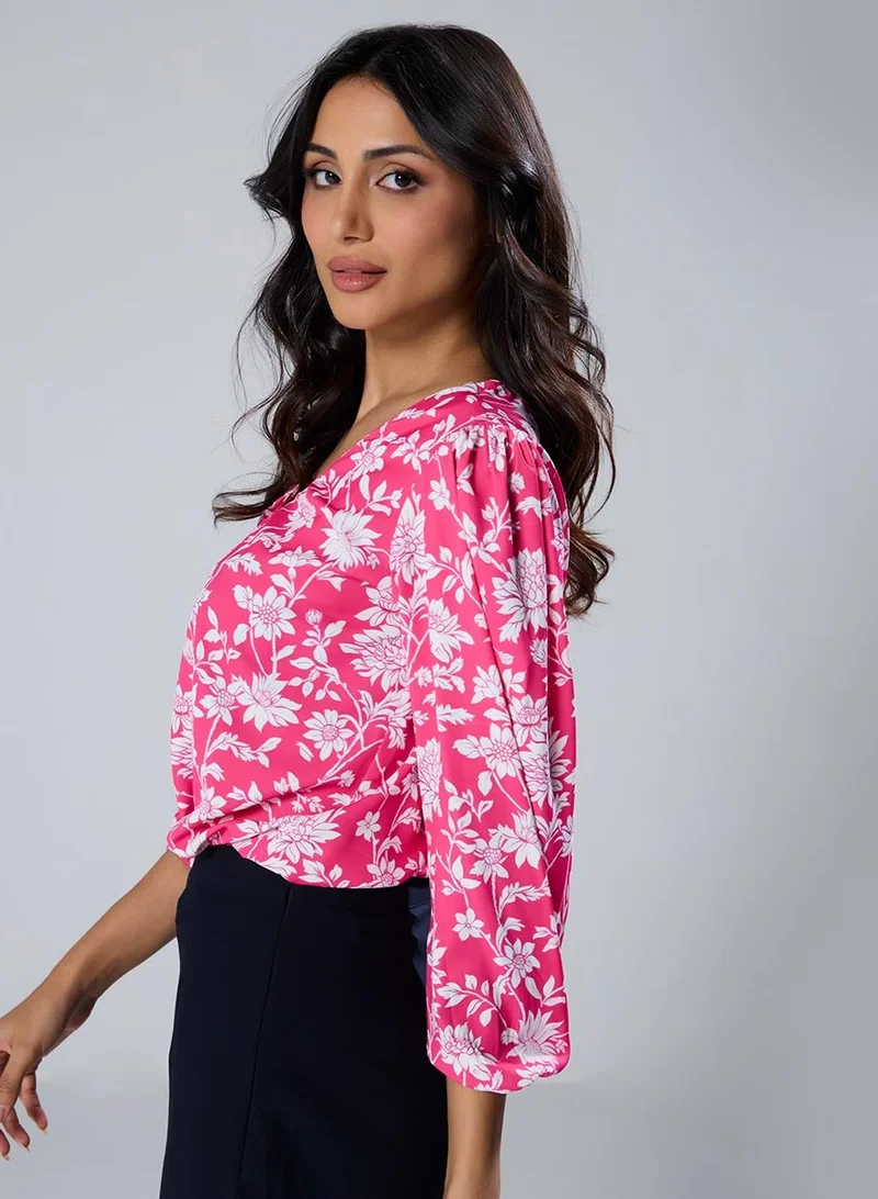 Zigzag Vneck Printed Long Sleeve Pink Top