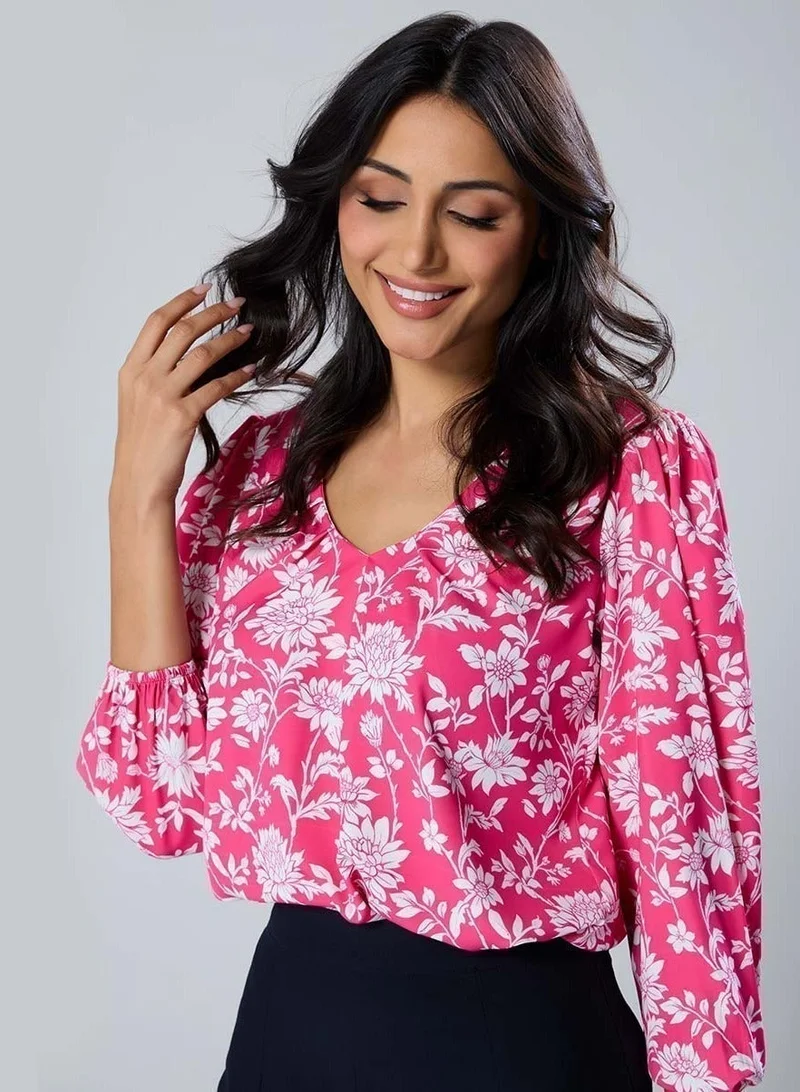 Zigzag Vneck Printed Long Sleeve Pink Top