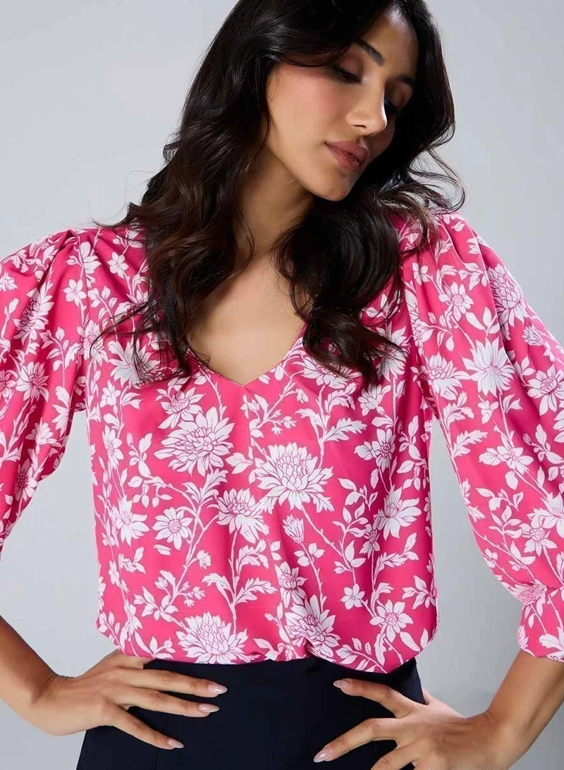 Zigzag Vneck Printed Long Sleeve Pink Top