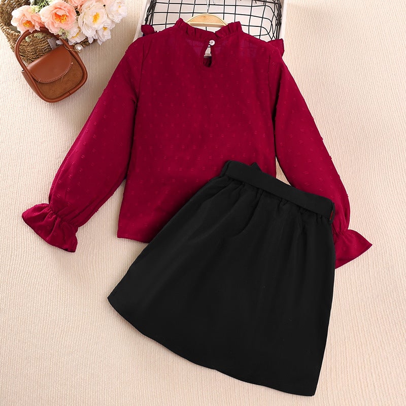 Girls Spring Lace  Polka Dot Outfit Set 2024 Red  - Image 3