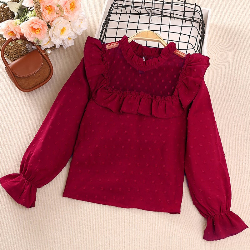 Girls Spring Lace  Polka Dot Outfit Set 2024 Red  - Image 4