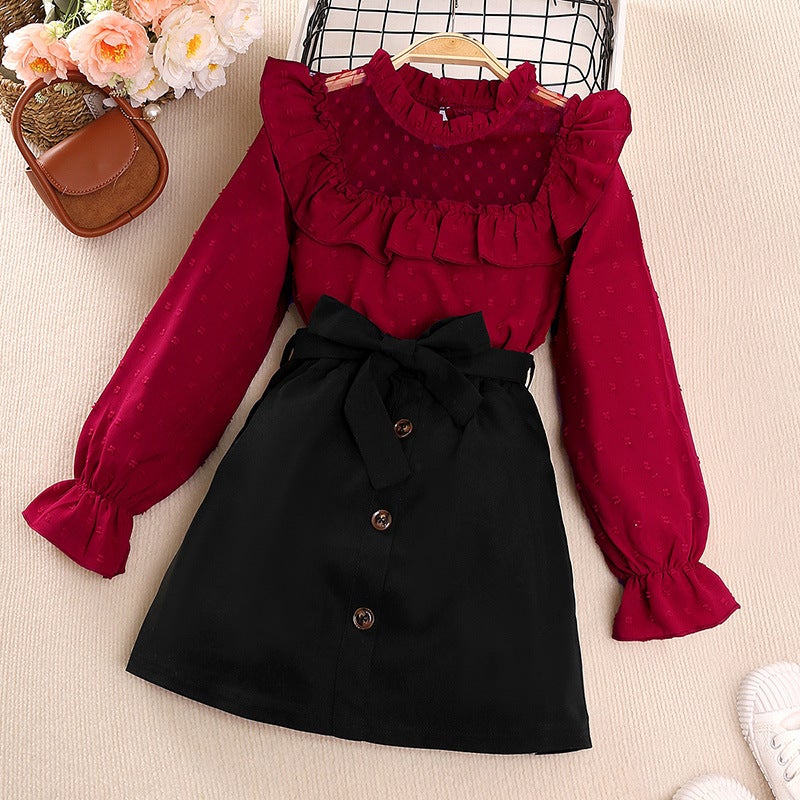 Girls Spring Lace  Polka Dot Outfit Set 2024 Red  - Image 2