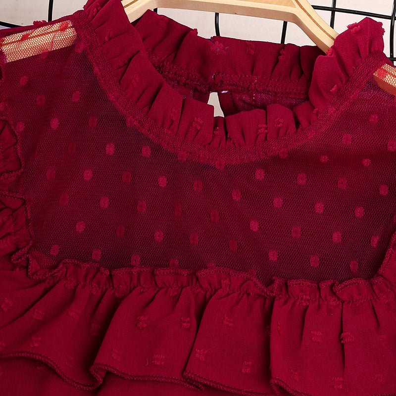 Girls Spring Lace  Polka Dot Outfit Set 2024 Red  - Image 5