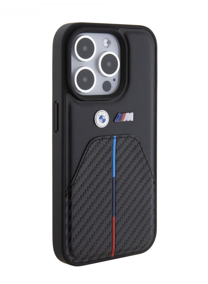 بي إم دبليو حافظة M البولي يوريثين جلد وكربون بشعار معدني لهاتف آیفون 15 برو - أسود - Image 5