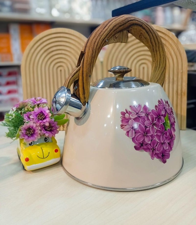 Generic Floral Ceramic Tea Kettle, 3L Capacity, Wooden Handle .mk (white with purple) - Image 1