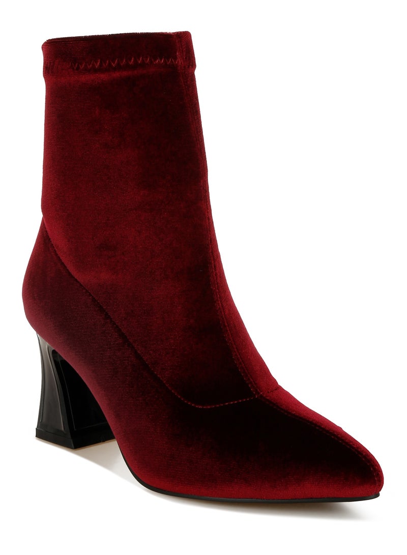 London Rag Flared Block Heel Velvet Boots in Burgundy  - Image 2