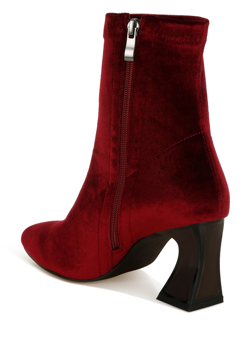 London Rag Flared Block Heel Velvet Boots in Burgundy  - Image 3