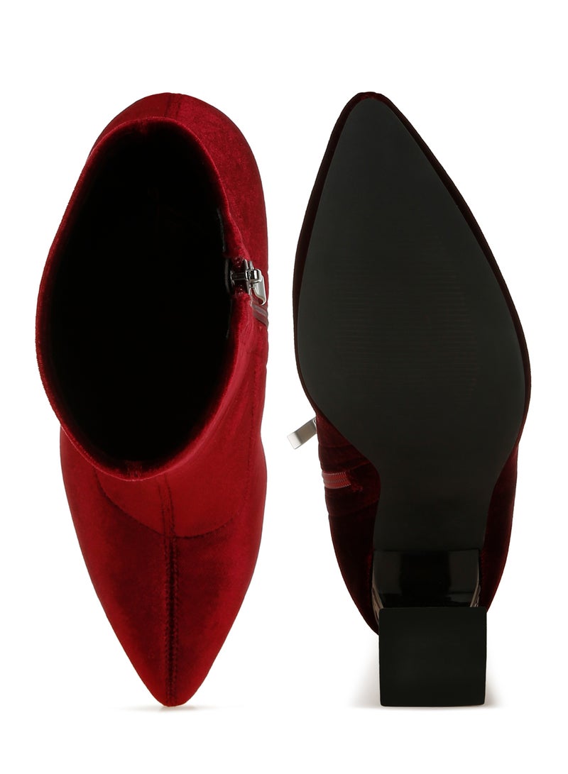 London Rag Flared Block Heel Velvet Boots in Burgundy  - Image 4