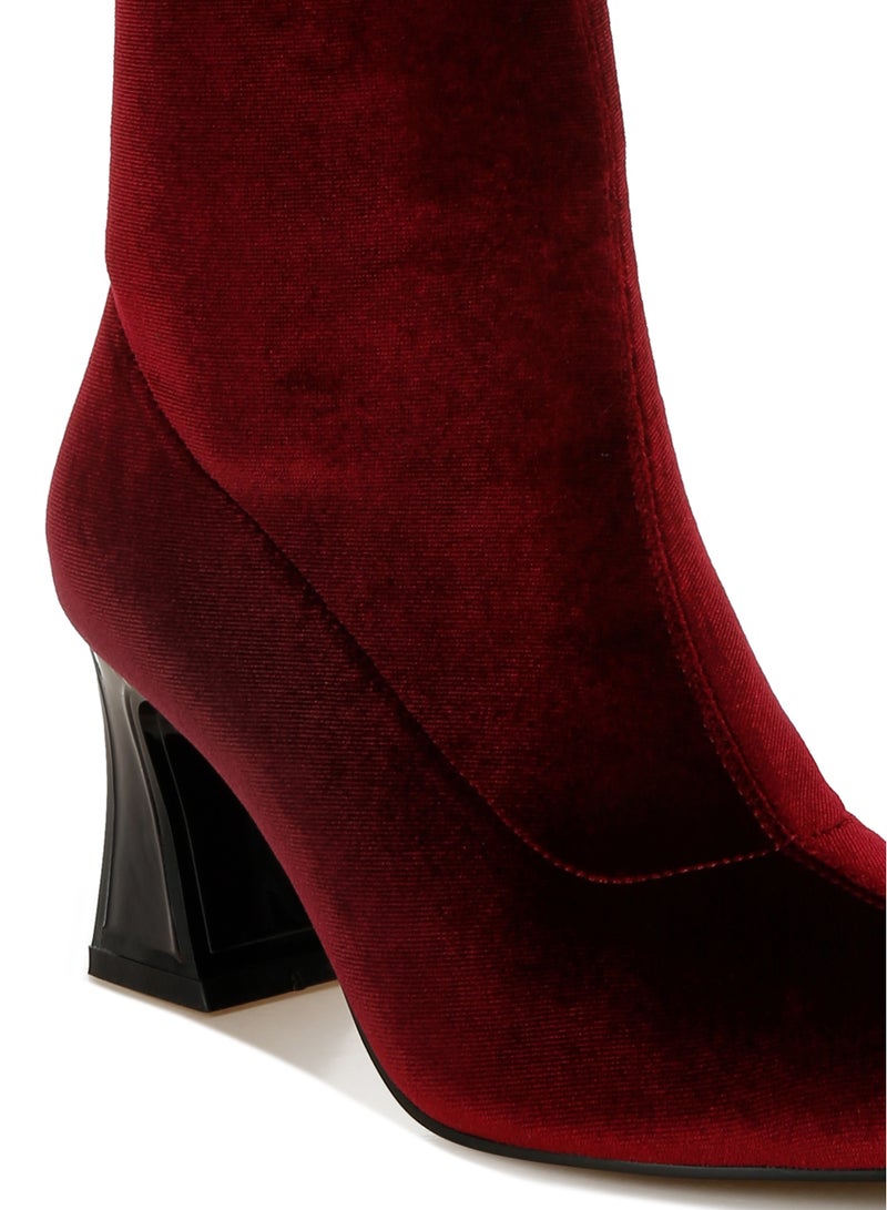 London Rag Flared Block Heel Velvet Boots in Burgundy  - Image 5