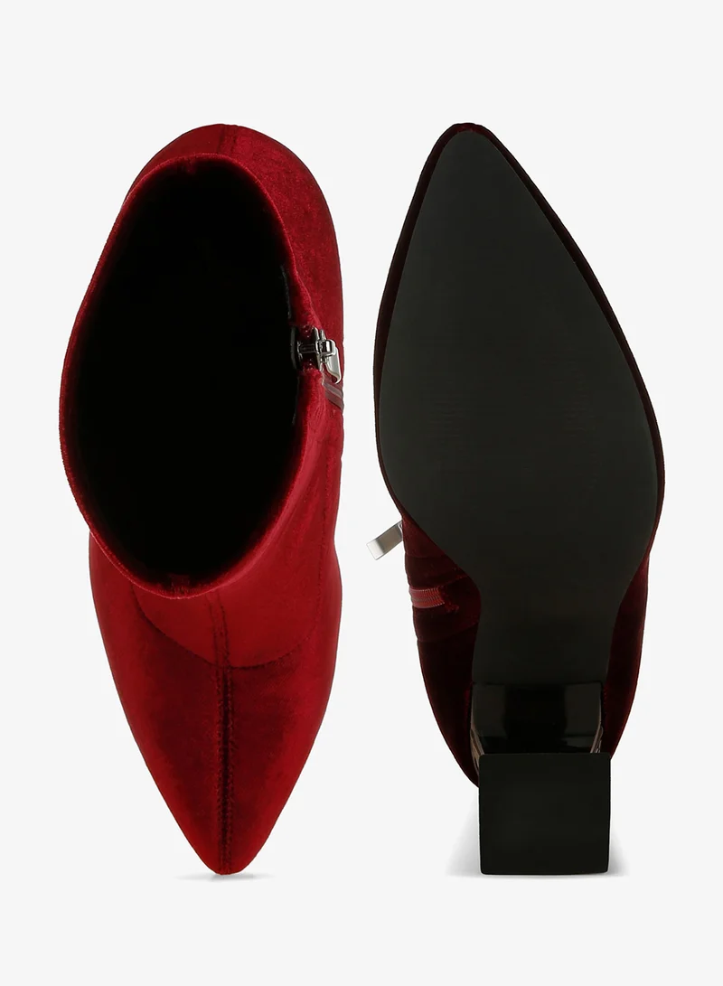 London Rag Burgundy Flared Block Heel Velvet Boots in Burgundy for Women | Best Price UAE