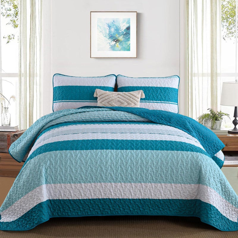 Dinjoy Teal Boho Quilt Set Queen Blue Striped Bedspread Queen Size Lightweight Farmhouse Quilts 3 Piece Spring Bedding Sets Micofiber Patchwork Coverlet Set with 2 Pillowcases for Summer - Image 1