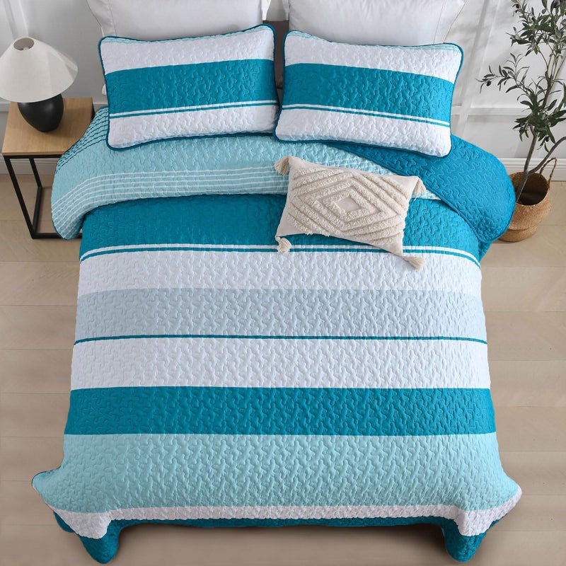 Dinjoy Teal Boho Quilt Set Queen Blue Striped Bedspread Queen Size Lightweight Farmhouse Quilts 3 Piece Spring Bedding Sets Micofiber Patchwork Coverlet Set with 2 Pillowcases for Summer - Image 2