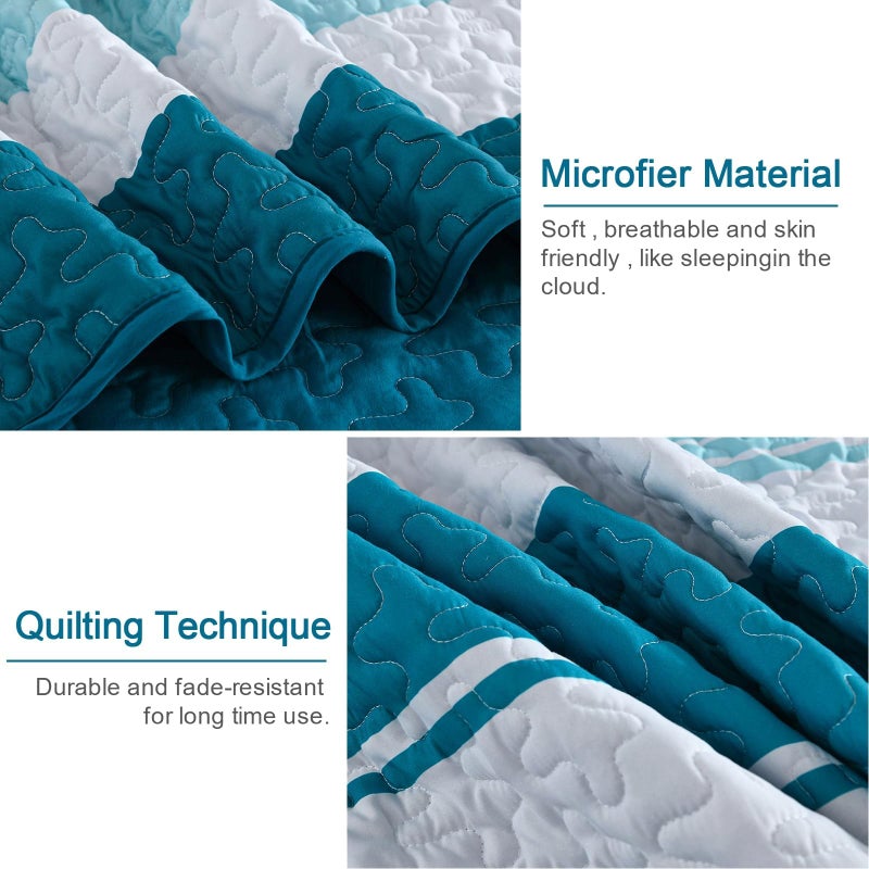 Dinjoy Teal Boho Quilt Set Queen Blue Striped Bedspread Queen Size Lightweight Farmhouse Quilts 3 Piece Spring Bedding Sets Micofiber Patchwork Coverlet Set with 2 Pillowcases for Summer - Image 5