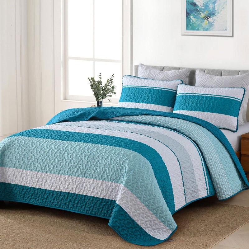 Dinjoy Teal Boho Quilt Set Queen Blue Striped Bedspread Queen Size Lightweight Farmhouse Quilts 3 Piece Spring Bedding Sets Micofiber Patchwork Coverlet Set with 2 Pillowcases for Summer - Image 3