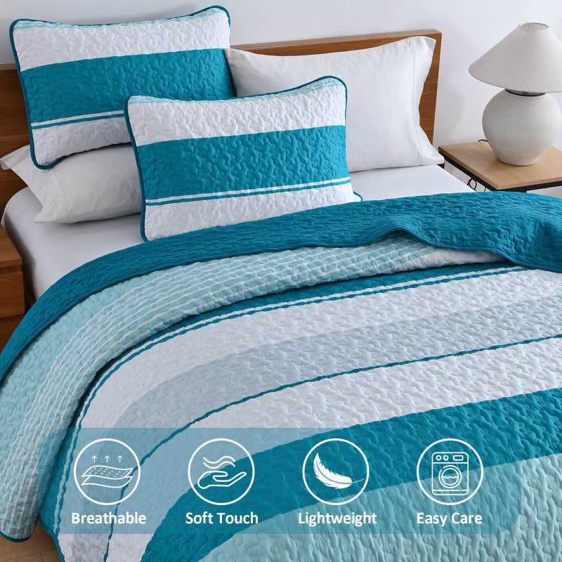 Dinjoy Teal Boho Quilt Set Queen Blue Striped Bedspread Queen Size Lightweight Farmhouse Quilts 3 Piece Spring Bedding Sets Micofiber Patchwork Coverlet Set with 2 Pillowcases for Summer - Image 4