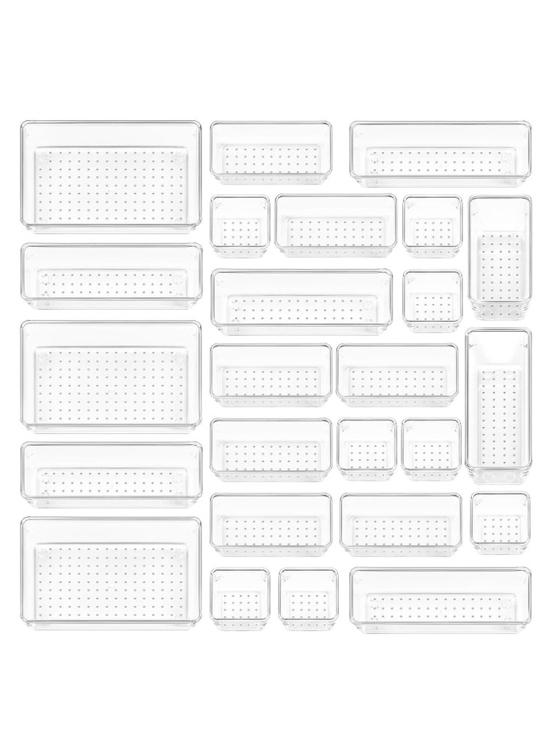 Toshionics 25pcs Clear Plastic Drawer Organizers, Featuring 4 Versatile Sizes for Bathroom, Vanity, Makeup Storage, Bedroom Accessories, Kitchen Utensils, and Office Supplies - Image 1