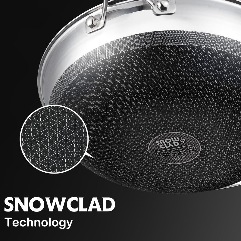 SNOWCLAD ووك SNOWCLAD، 13 بوصة، ووك هجين ومقالي قلي غير لاصقة مع مقHandlesتين مزدوجتين، ووك من الفولاذ المقاوم للصدأ غير السام مع غطاء، آمن للغسالة، الفرن، والشواية - Image 5
