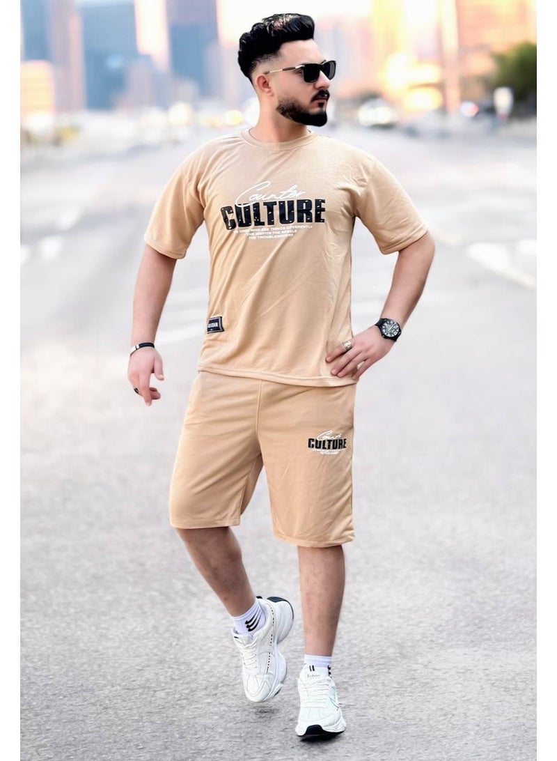 طقم تيشيرت وشورت رجالي مطبوع بتصميم Urban Culture، بيج
