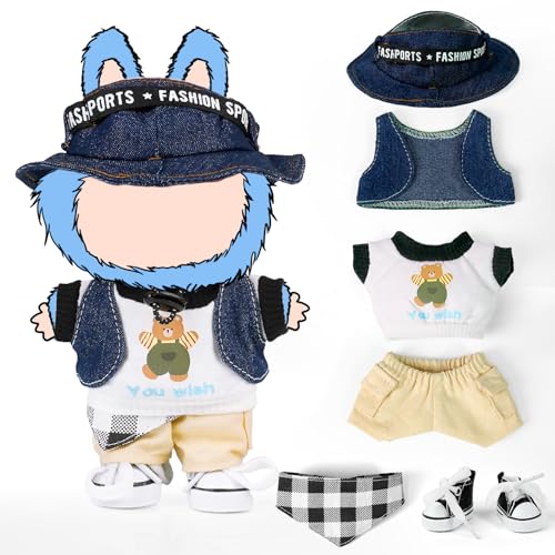 ARTST Doll Clothes for 17cm LabubuCool Causal Outfit Accessories Clothing for 17cm67inch DollJean Bucket HatTShirtsCowboy VestKhaki PantsCanvasWaist Scarf White - Image 1