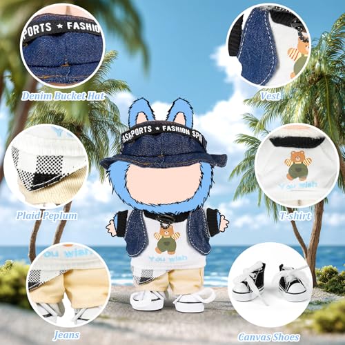 ARTST Doll Clothes for 17cm LabubuCool Causal Outfit Accessories Clothing for 17cm67inch DollJean Bucket HatTShirtsCowboy VestKhaki PantsCanvasWaist Scarf White - Image 5