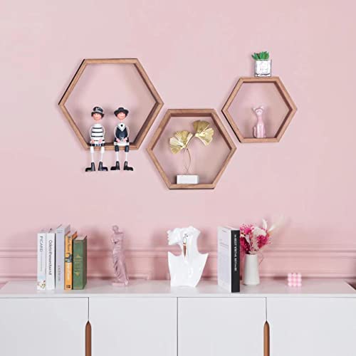 PHOENANCEE Hexagon Floating Shelves,Honeycomb Shelf,Wall Mounted Rustic Wood Octagon Storage Shelves Set of 3 for Living Room Bedroom Bathroom Office Hexagonal Decor(Carbonized Black) - Image 3