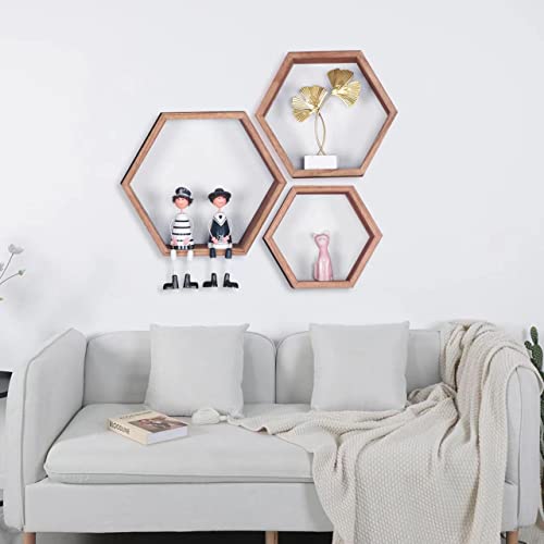 PHOENANCEE Hexagon Floating Shelves,Honeycomb Shelf,Wall Mounted Rustic Wood Octagon Storage Shelves Set of 3 for Living Room Bedroom Bathroom Office Hexagonal Decor(Carbonized Black) - Image 5