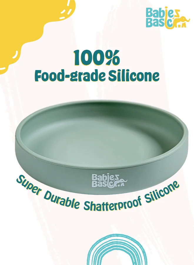 Babies Basic Babies Basic Silicone Feeding Set with Silicone Suction Plate, Spoon and Fork  - Green