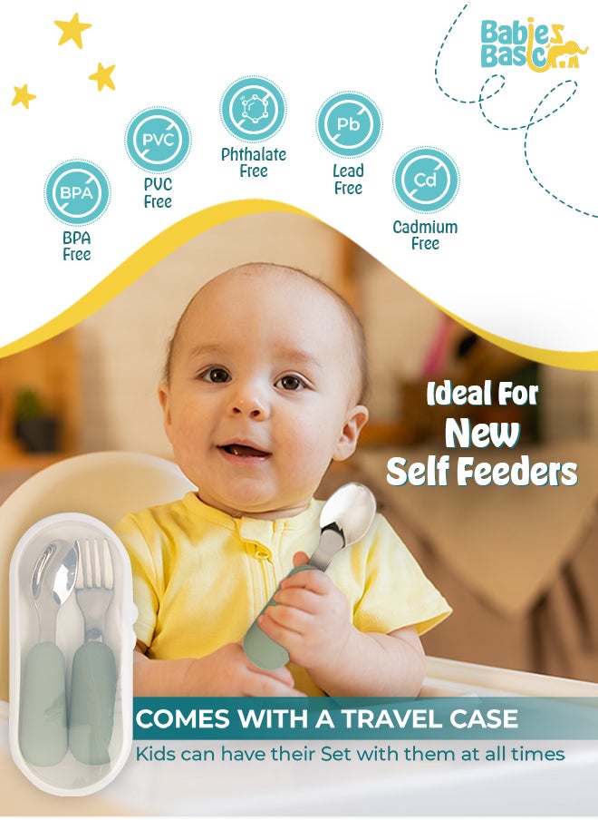 Babies Basic Babies Basic Silicone Feeding Set with Silicone Suction Plate, Spoon and Fork  - Green  - Image 5