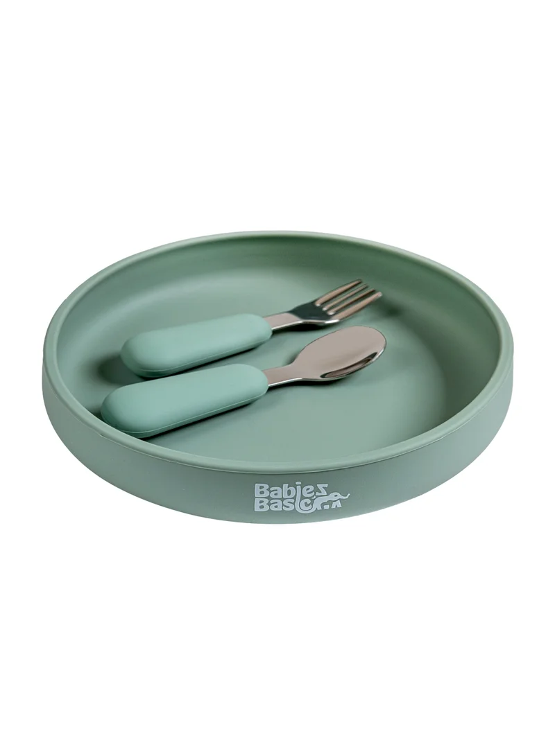 Babies Basic Babies Basic Silicone Feeding Set with Silicone Suction Plate, Spoon and Fork  - Green