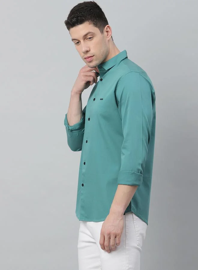 Dennis Lingo Slim Fit Peacock Green Men's Solid Shirt, Spread Collar, Full Sleeves, 100% Cotton,