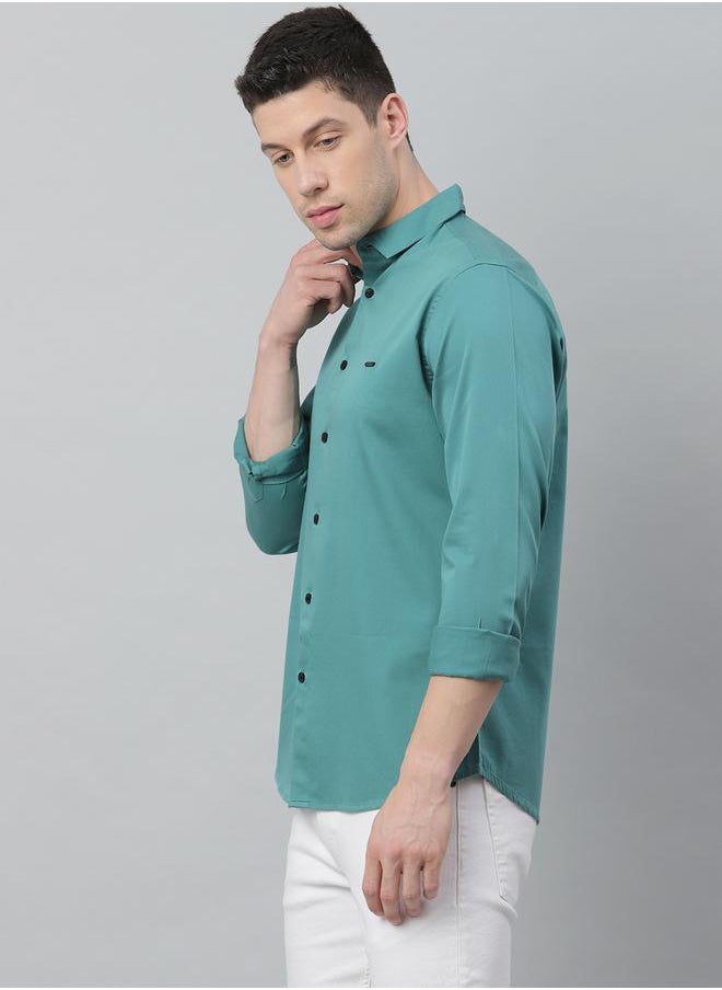 Dennis Lingo - Slim Fit Peacock Green Men's Solid Shirt, Spread Collar, Full Sleeves, 100% Cotton, - Image 1