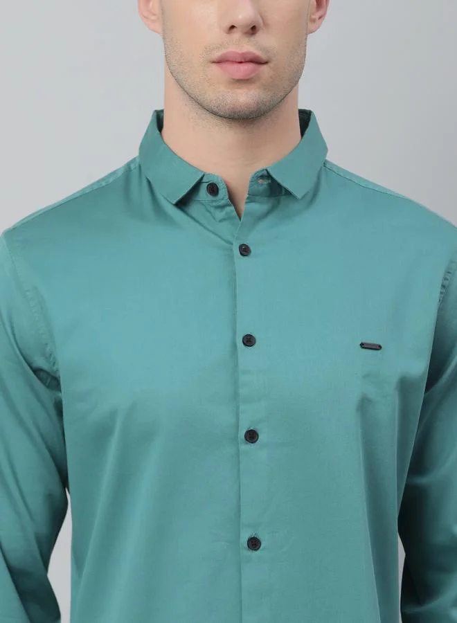 Dennis Lingo Slim Fit Peacock Green Men's Solid Shirt, Spread Collar, Full Sleeves, 100% Cotton,