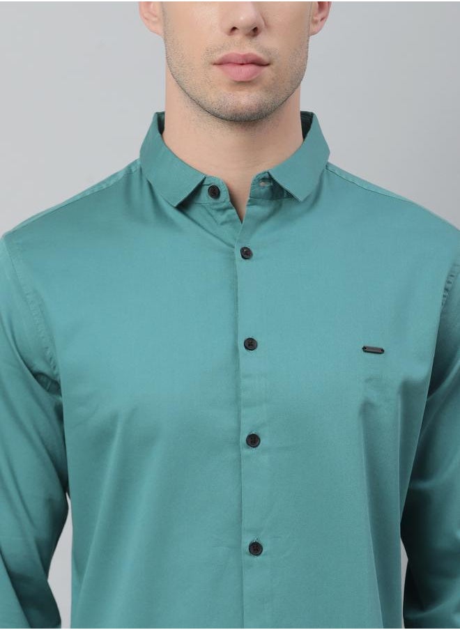Dennis Lingo - Slim Fit Peacock Green Men's Solid Shirt, Spread Collar, Full Sleeves, 100% Cotton, - Image 1