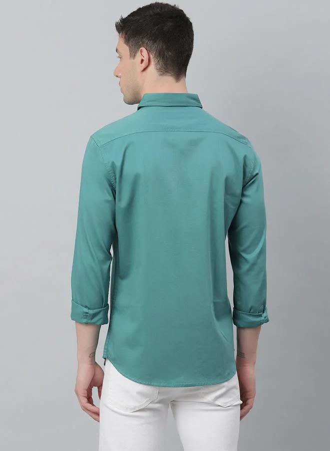Dennis Lingo Slim Fit Peacock Green Men's Solid Shirt, Spread Collar, Full Sleeves, 100% Cotton,
