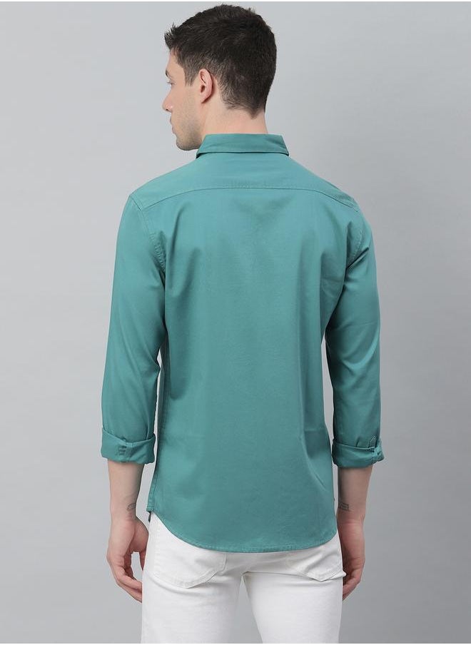 Dennis Lingo - Slim Fit Peacock Green Men's Solid Shirt, Spread Collar, Full Sleeves, 100% Cotton, - Image 1