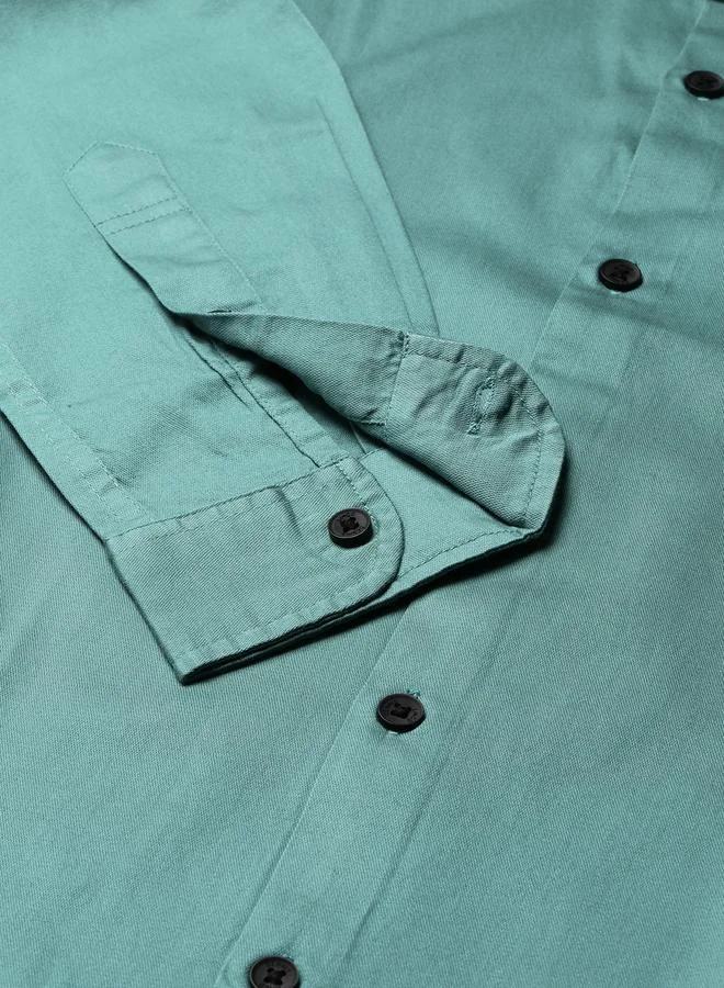 Dennis Lingo Slim Fit Peacock Green Men's Solid Shirt, Spread Collar, Full Sleeves, 100% Cotton,