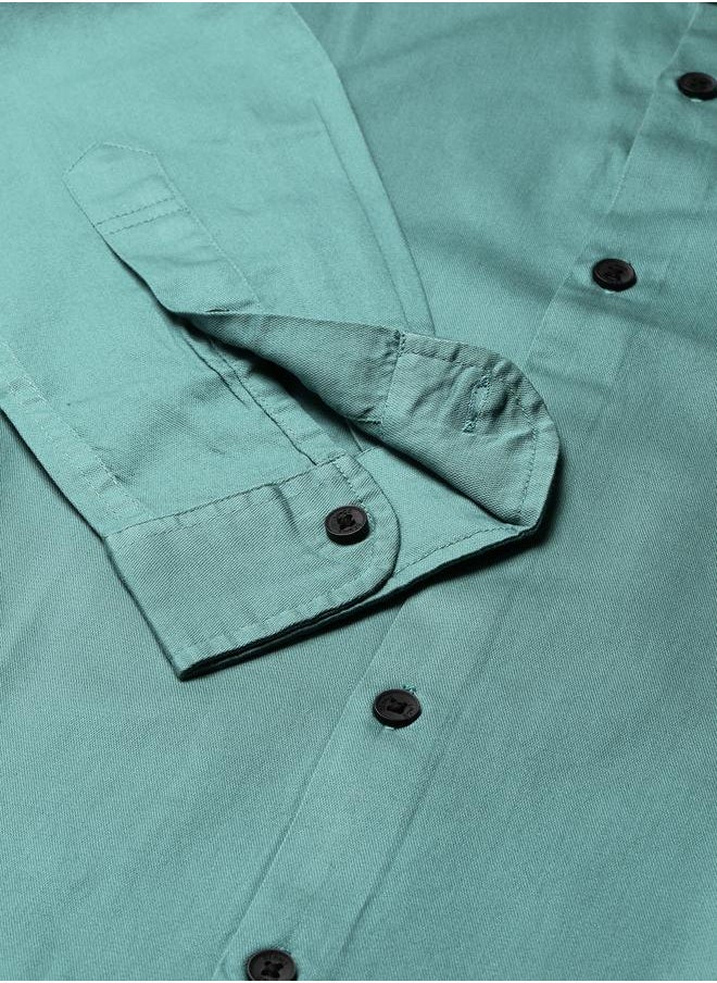 Dennis Lingo - Slim Fit Peacock Green Men's Solid Shirt, Spread Collar, Full Sleeves, 100% Cotton, - Image 1