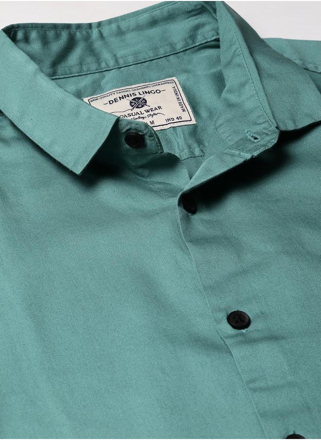 Dennis Lingo - Slim Fit Peacock Green Men's Solid Shirt, Spread Collar, Full Sleeves, 100% Cotton, - Image 1