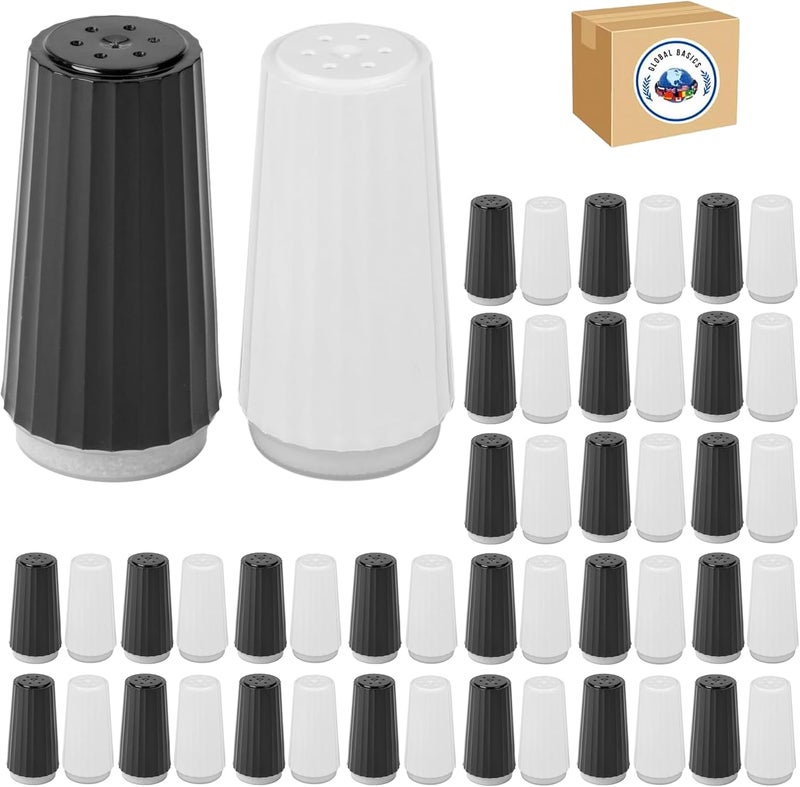 GLOBAL BASICS Disposable Salt and Pepper Shakers by - Plastic Shaker Sets for Parties, Restaurants, Picnics, Cookouts - Prefilled Salt and Pepper Shakers with 4oz. Salt, 1.5oz. Pepper - 48-Pack - Image 1