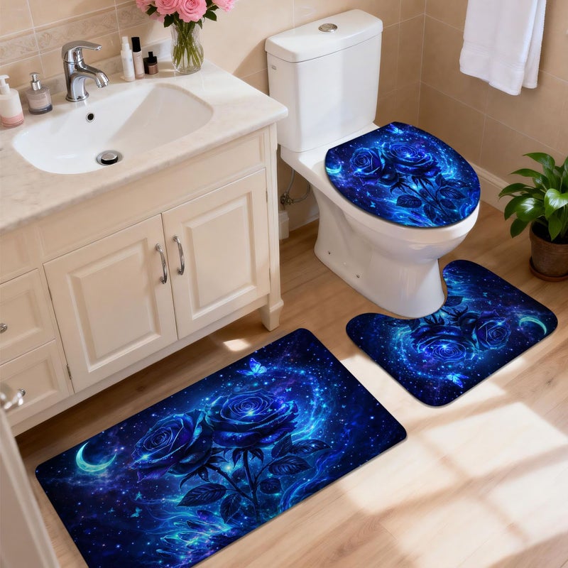 Starry Blue Rose Butterfly Non-Slip Bath Mat Set 4 Piece Absorbent Quick Dry - Image 4