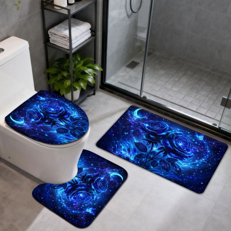 Starry Blue Rose Butterfly Non-Slip Bath Mat Set 4 Piece Absorbent Quick Dry - Image 5