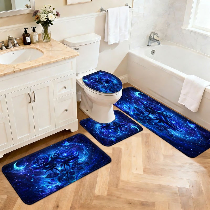 Starry Blue Rose Butterfly Non-Slip Bath Mat Set 4 Piece Absorbent Quick Dry - Image 2