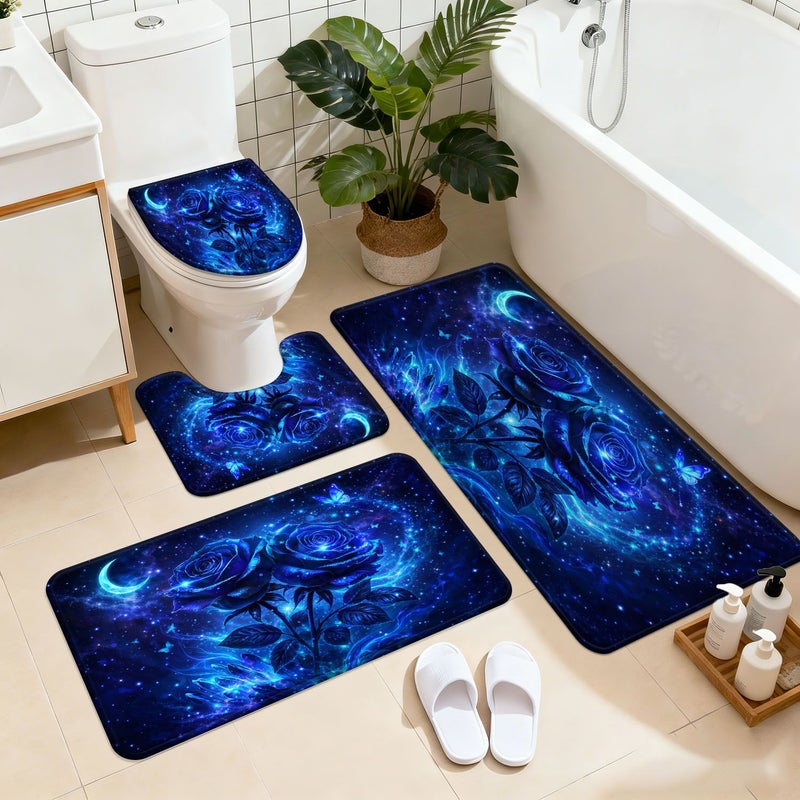 Starry Blue Rose Butterfly Non-Slip Bath Mat Set 4 Piece Absorbent Quick Dry - Image 1