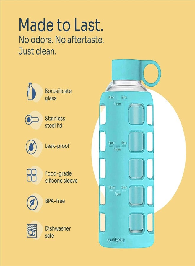 purifyou 40oz / 32oz / 22oz / 12oz Borosilicate Glass Water Bottle with Time & Volume Markers, Silicone Sleeve, Stainless Steel Lid | Reusable Glass Bottle for Water & Juice (22oz Aqua Blue) - Image 4