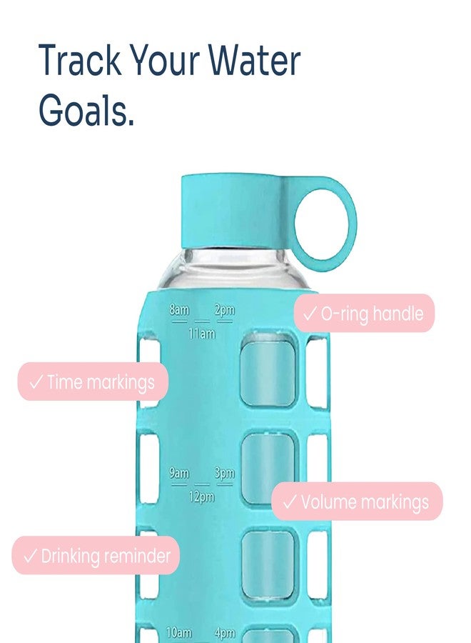 purifyou 40oz / 32oz / 22oz / 12oz Borosilicate Glass Water Bottle with Time & Volume Markers, Silicone Sleeve, Stainless Steel Lid | Reusable Glass Bottle for Water & Juice (22oz Aqua Blue) - Image 3